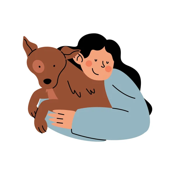 Vrouw knuffelen hond — Stockvector