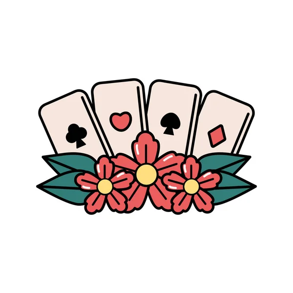 Pokerkarten und Blumen tätowiert — Stockvektor