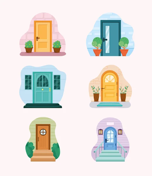 Six front doors icons — Vector de stock