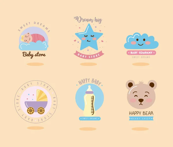 Six baby shower stickers — Vettoriale Stock