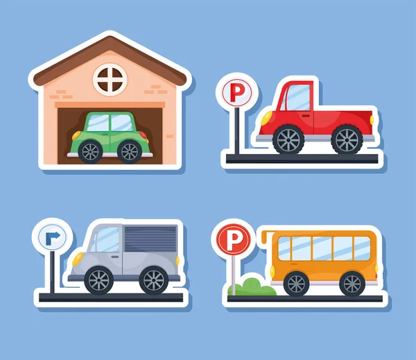 Parking four cars icons — Stock Vector