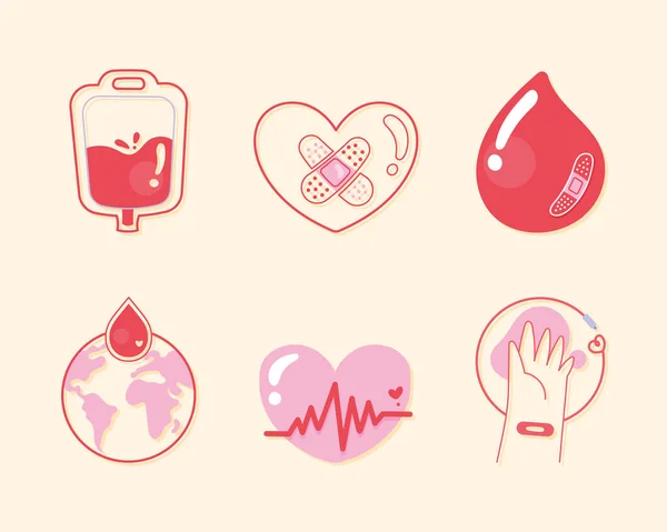 Sei sangue donare icone — Vettoriale Stock