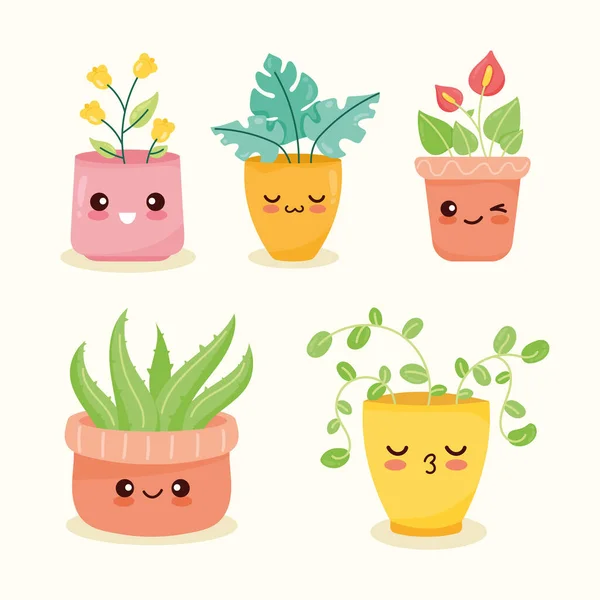 Cinco kawaii plantas iconos — Vector de stock