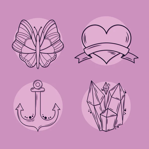 Cuatro iconos de tatuajes minimalistas — Archivo Imágenes Vectoriales