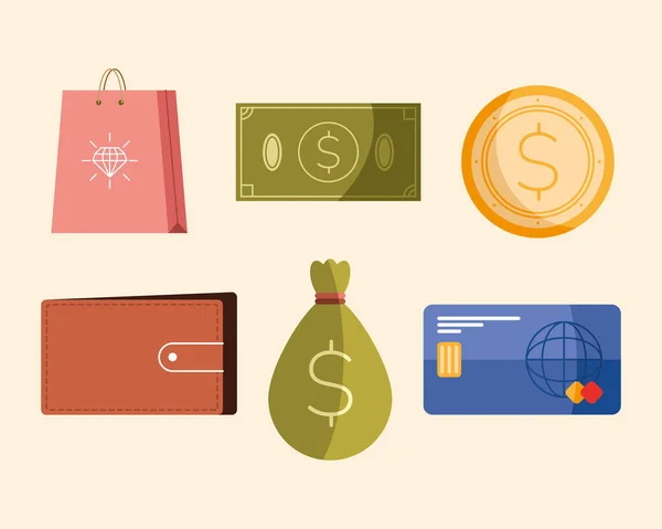 Seis iconos de dinero y economía — Vector de stock