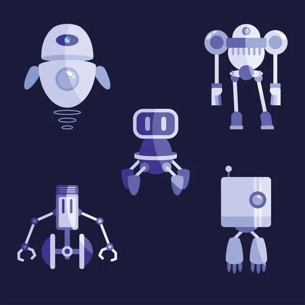 Fünf lila Roboter — Stockvektor