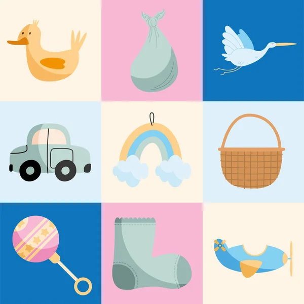 Nove ícones do chuveiro do bebê —  Vetores de Stock