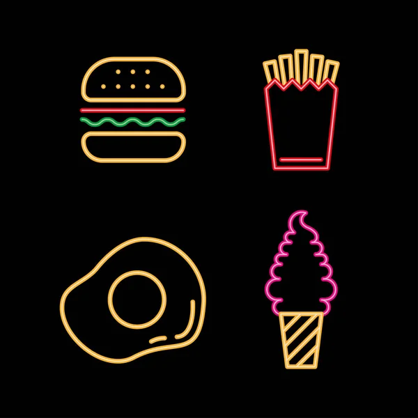 Cuatro iconos de comida de neón — Vector de stock