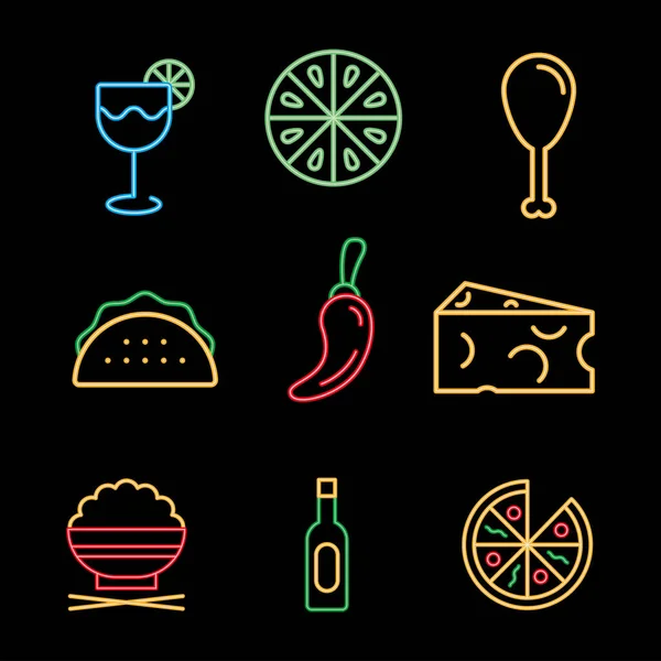 九个霓虹灯食物图标 — 图库矢量图片