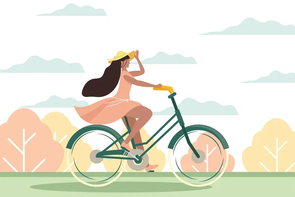 Woman riding bike in landscape — Stock Vector
