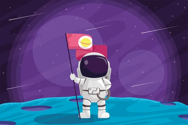 Astronauta com bandeira na lua — Vetor de Stock