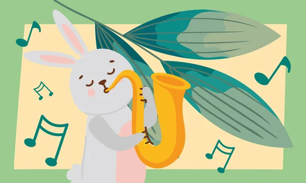 Lapin Jouer Saxophone Avec Notes Scène — Image vectorielle