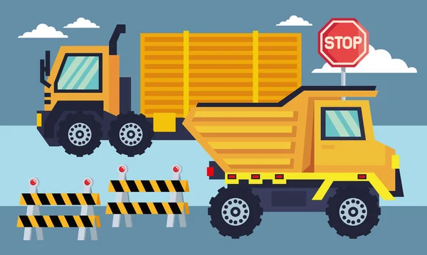 Señal Parada Construcción Escena Camiones — Vector de stock