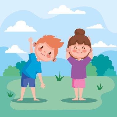 Küçük çocuklar doğa karakterlerini yogalar.