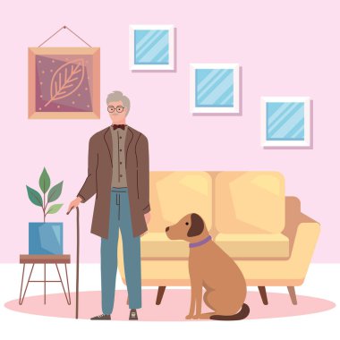 Yaşlı adam köpek karakterli modellik yapıyor.