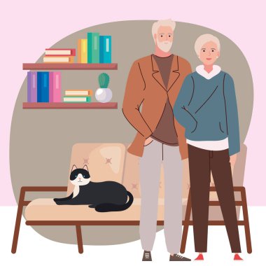 Kedi karakterli yaşlı çift modelliği yapıyor.
