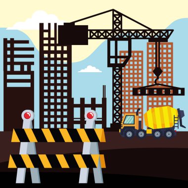 beton karıştırıcı kamyon ve vinç sahnesi