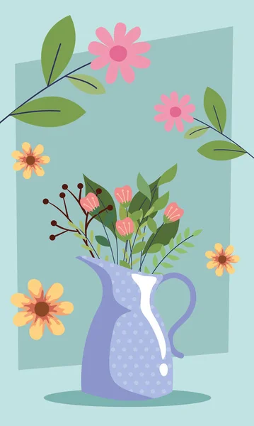 Flores Primavera Escena Tetera — Vector de stock