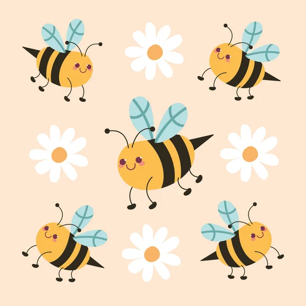 白い花や蜂が飛び — ストックベクタ