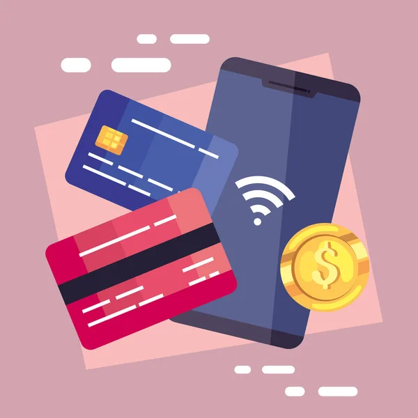 Smartfon Kartami Kredytowymi Płatności Mobilne — Wektor stockowy