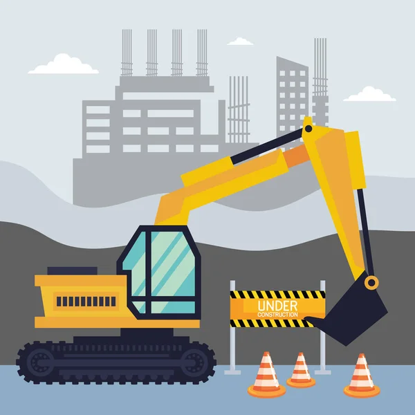 Excavator Cones Construction Scene — Stock Vector