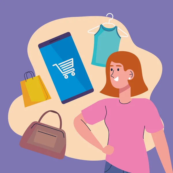 Mujer Teléfono Inteligente Compras Moda Línea — Archivo Imágenes Vectoriales