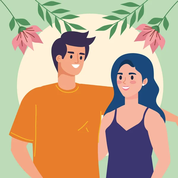 Pasangan Kekasih Dan Karakter Bunga - Stok Vektor