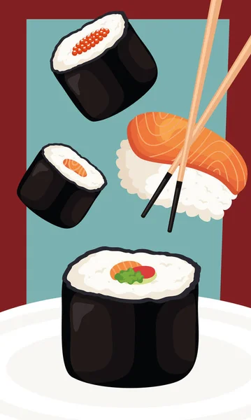 Sushi Gulung Dan Poster Nigiri - Stok Vektor