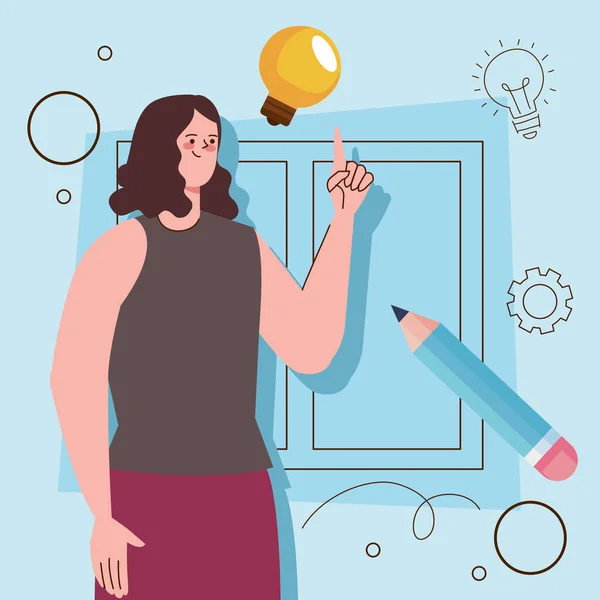 Mujer Creativa Con Carácter Bulbo Lápiz — Vector de stock