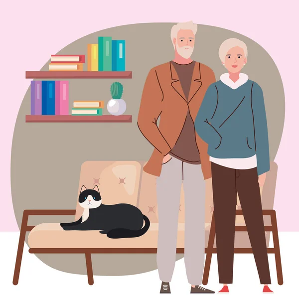 Old Couple Modeling Cat Characters — Stock Vector
