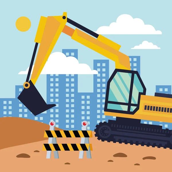 Excavator Fence Construction Scene — Stock Vector