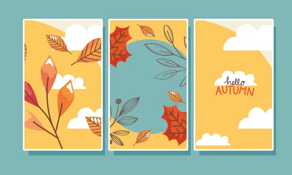 Hello Autumn Lettering Three Cards Icons — Stock Vector