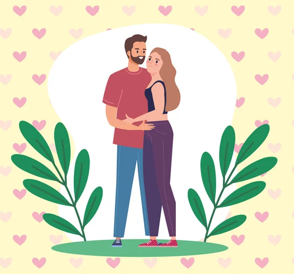 Amoureux Couple Personnages Feuilles — Image vectorielle