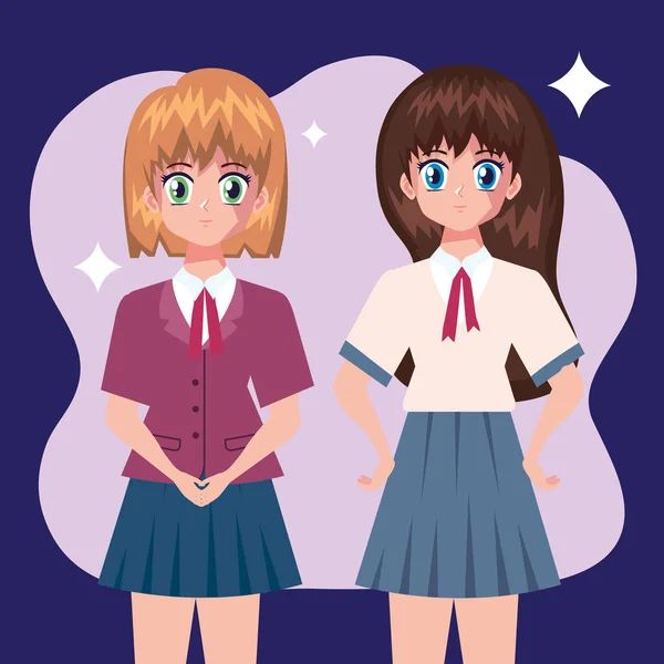 Anime Schulmädchen Mit Einheitlichen Charakteren — Stockvektor
