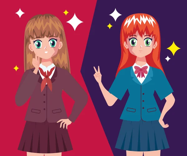 Anime Studenti Ragazze Con Uniformi — Vettoriale Stock