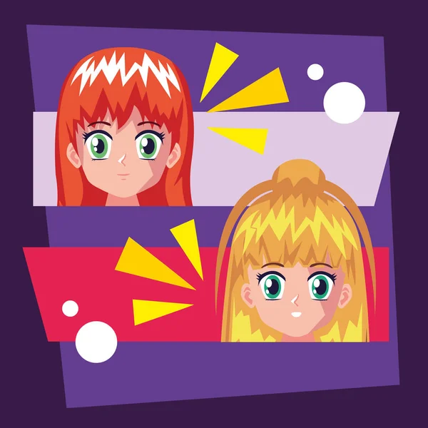 Anime Mädchen Paar Köpfe Zeichen — Stockvektor