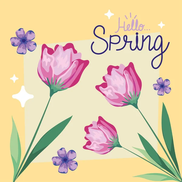 Olá Primavera Lettering Cartão Com Flores — Vetor de Stock