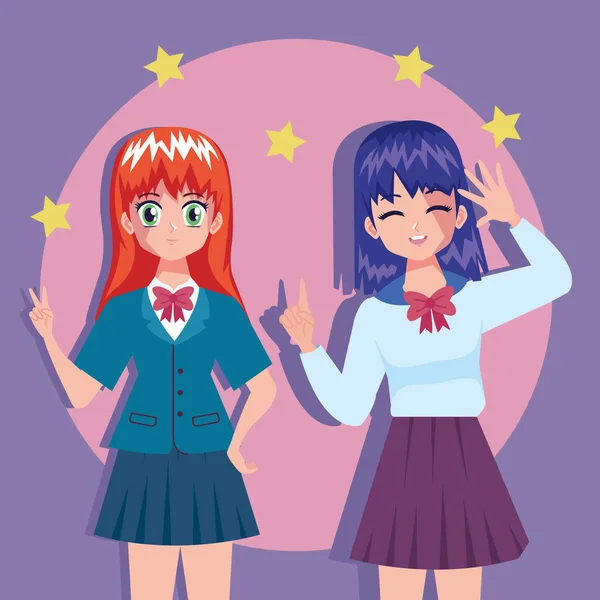 Anime Mädchen Paar Mit Sternen Charaktere — Stockvektor
