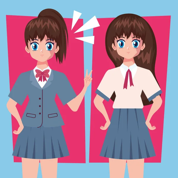 Anime Estudiantes Niñas Pareja Personajes — Vector de stock