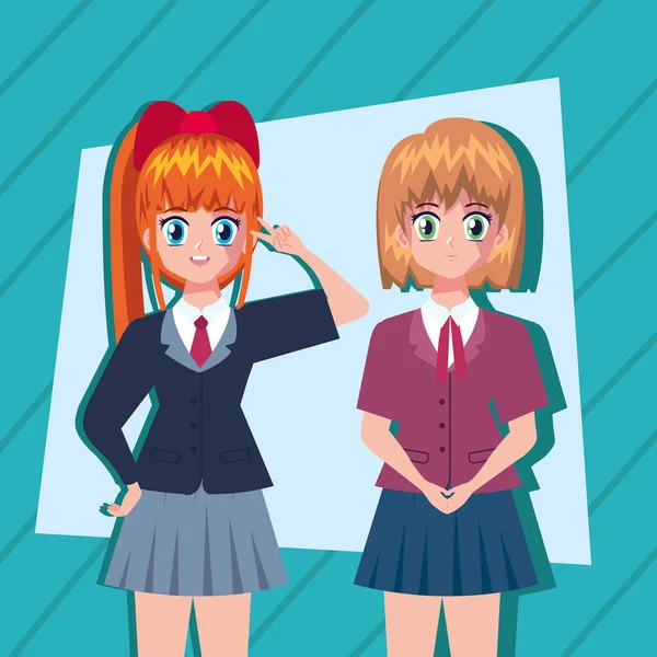 Anime Mädchen Hölzernen Hintergrundfiguren — Stockvektor