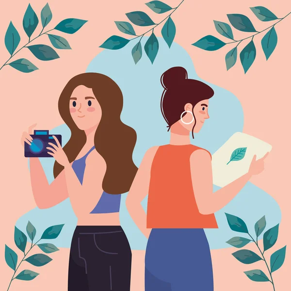 Chicas Con Personajes Fotográficos Cámara — Vector de stock