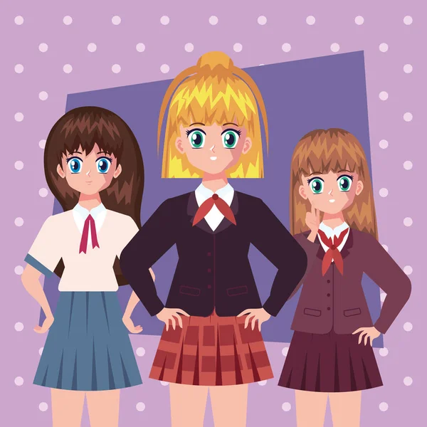 Tre Ragazze Personaggi Stile Anime — Vettoriale Stock