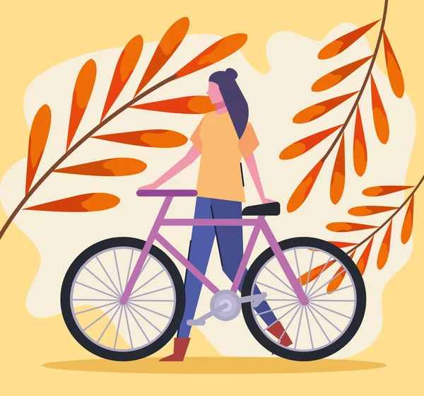 Woman Bicycle Autumn Season Character — Stock Vector