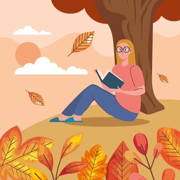 Woman Reading Book Autumn Scene Character — Stock Vector