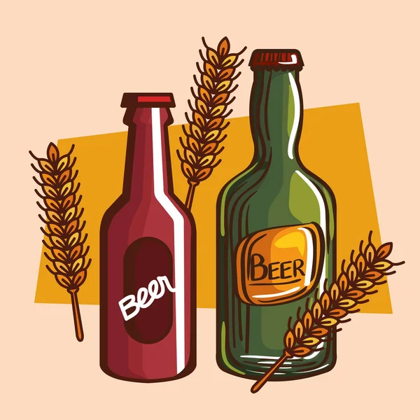 Garrafas Cerveja Espigas Cartaz — Vetor de Stock