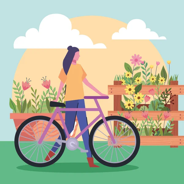 Mulher Com Bicicleta Personagem Jardim — Vetor de Stock