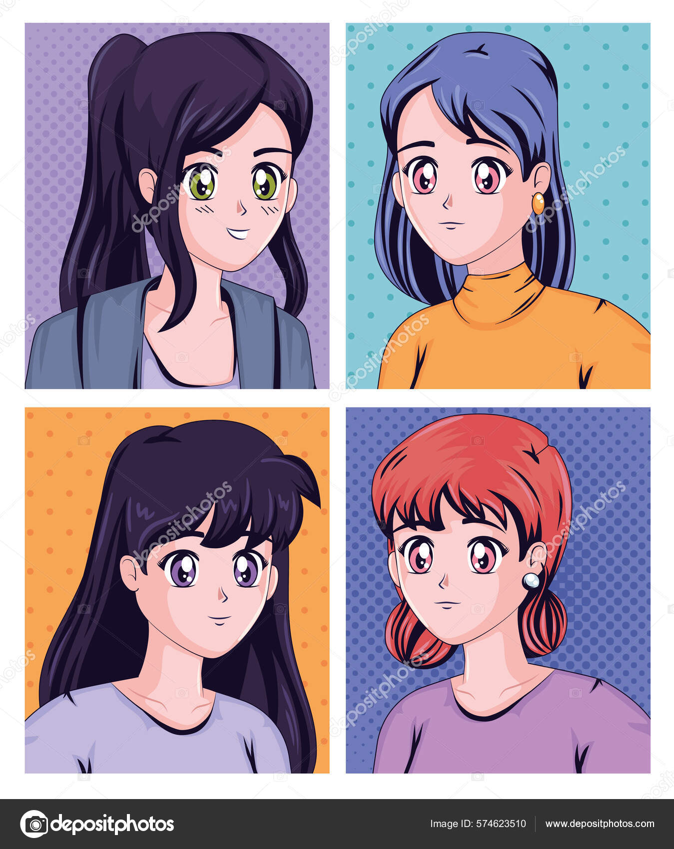 meninas anime quatro personagens 6071613 Vetor no Vecteezy