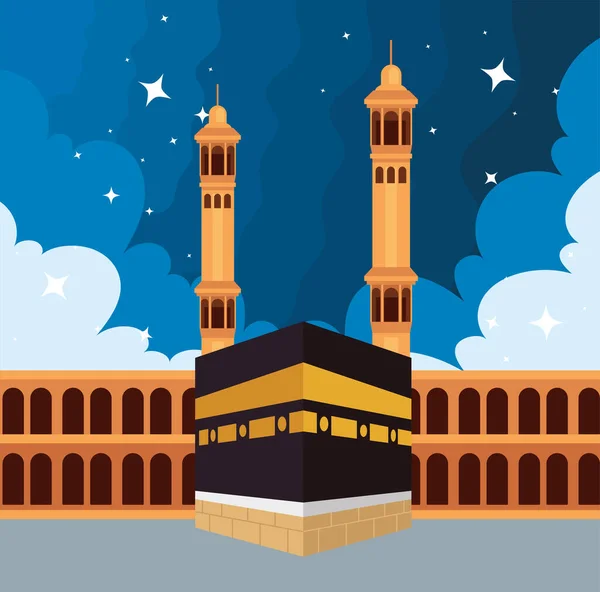 Moskee Moslim Mekka Nacht Scene — Stockvector