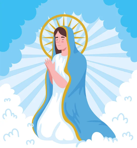 Vergine Pregando Scena Nuvole — Vettoriale Stock