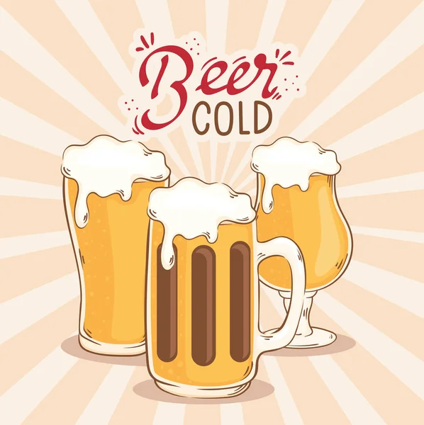 Cartaz Letras Frio Cerveja Com Copos — Vetor de Stock